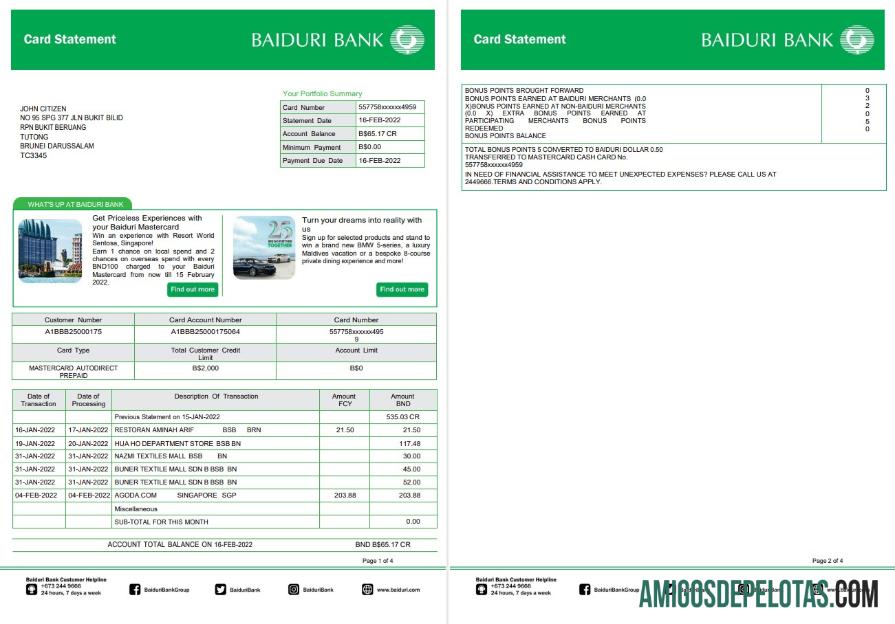 Brunei Baiduri Bank Card Statement amostra